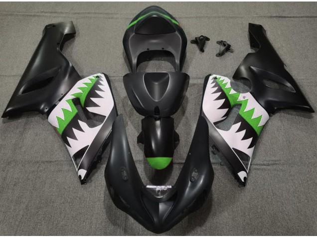 2005-2006 Matte Black and Green Shark ZX6R Fairings